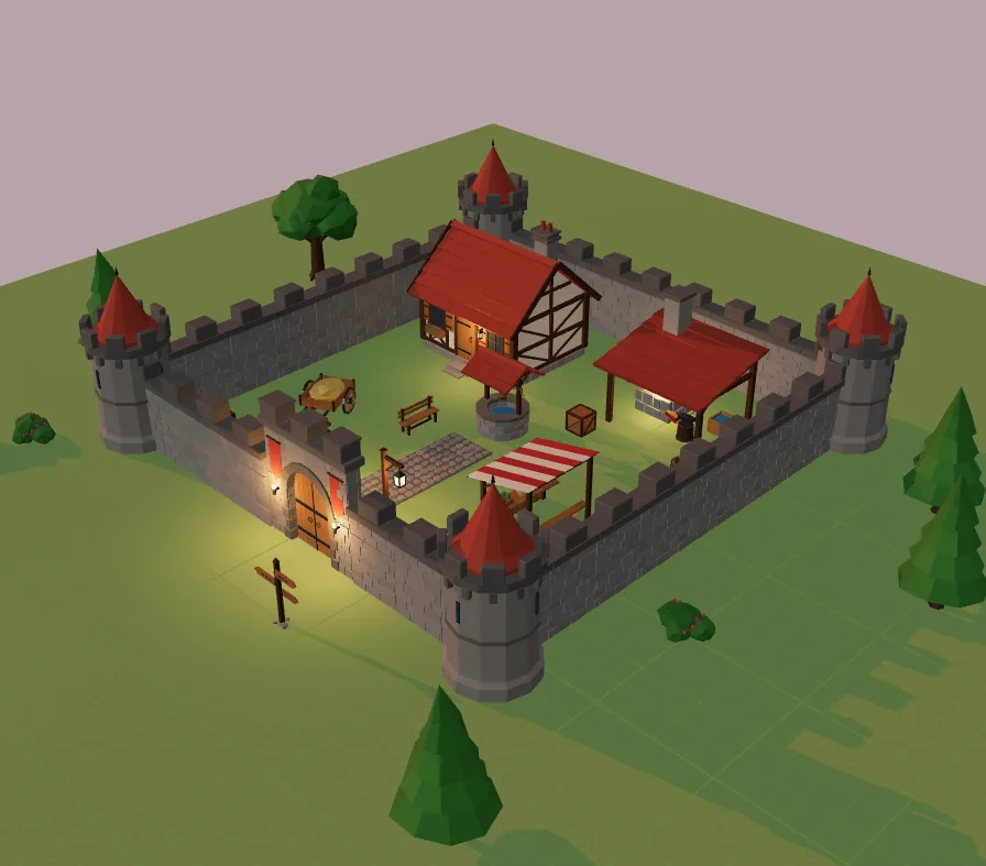 A walled medieval village with four towers, a gate, a cottage, a forge, a market stall and a well, at dusk